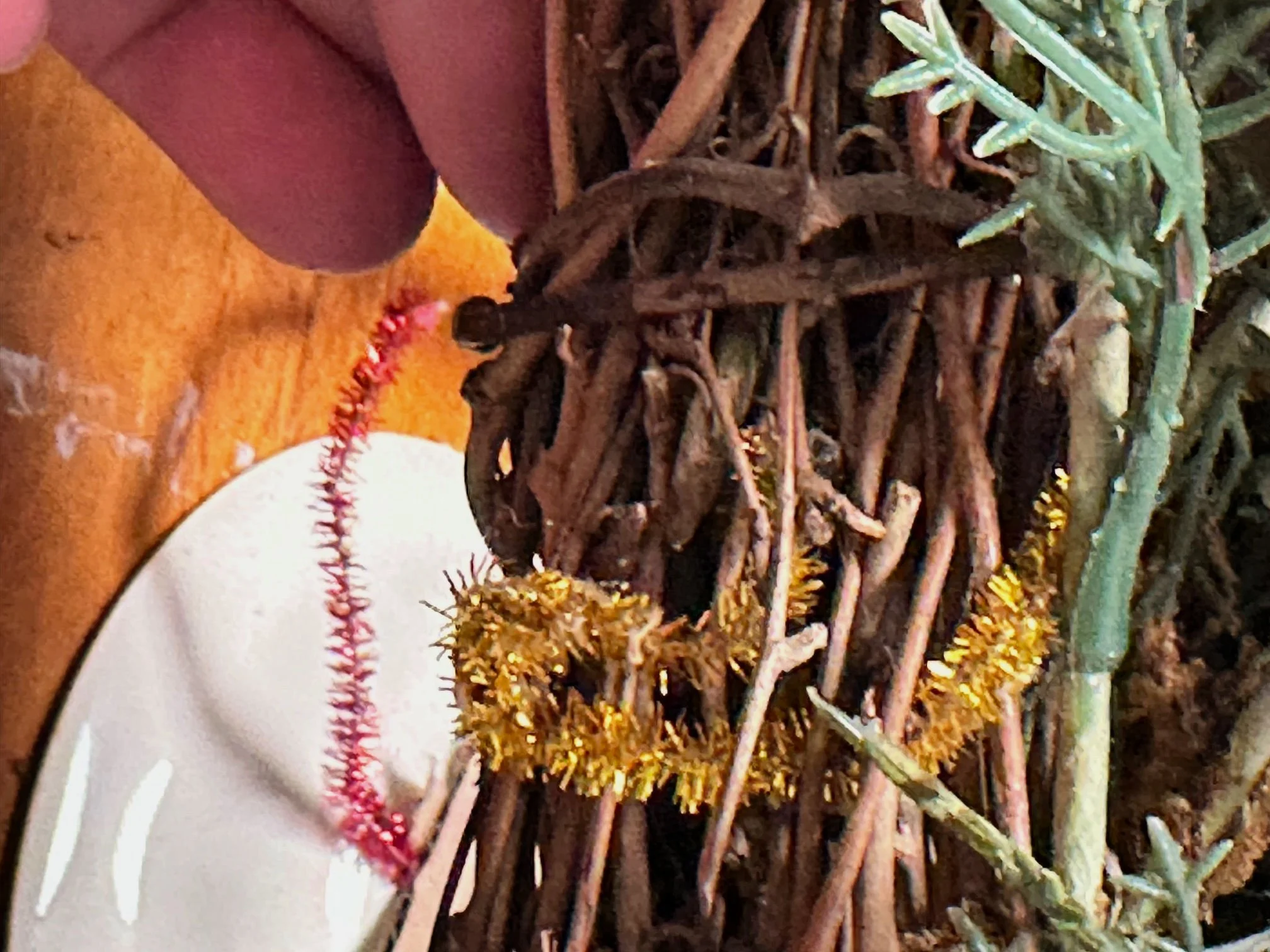 securing plate to wreath with pipe cleaners