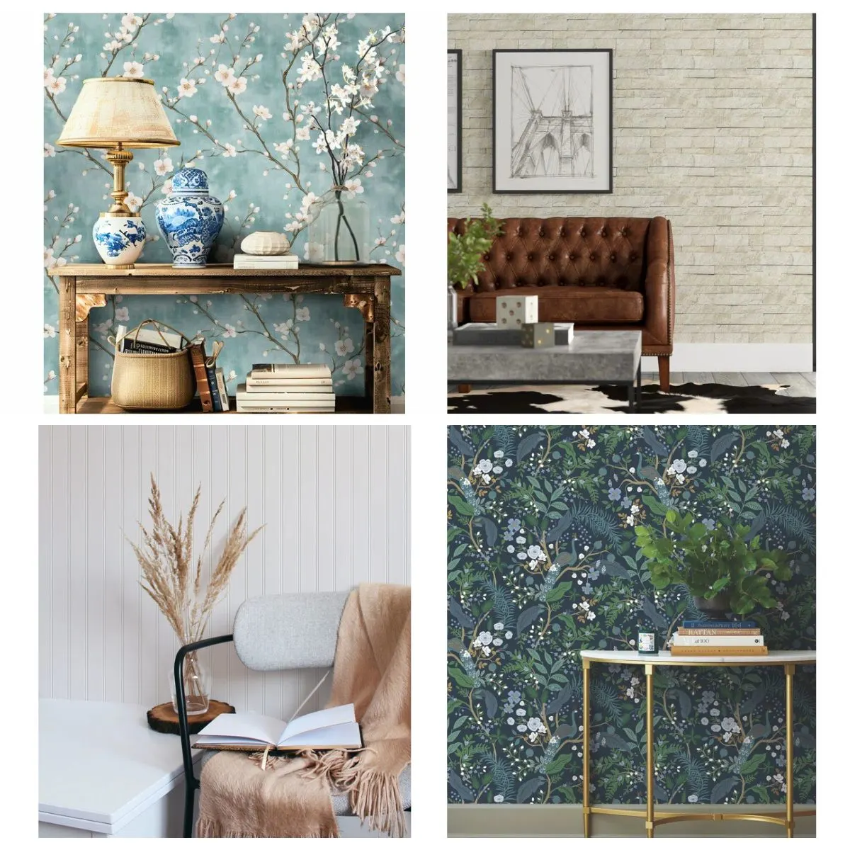 4 image collage with Wayfair peel and stick wallpaper