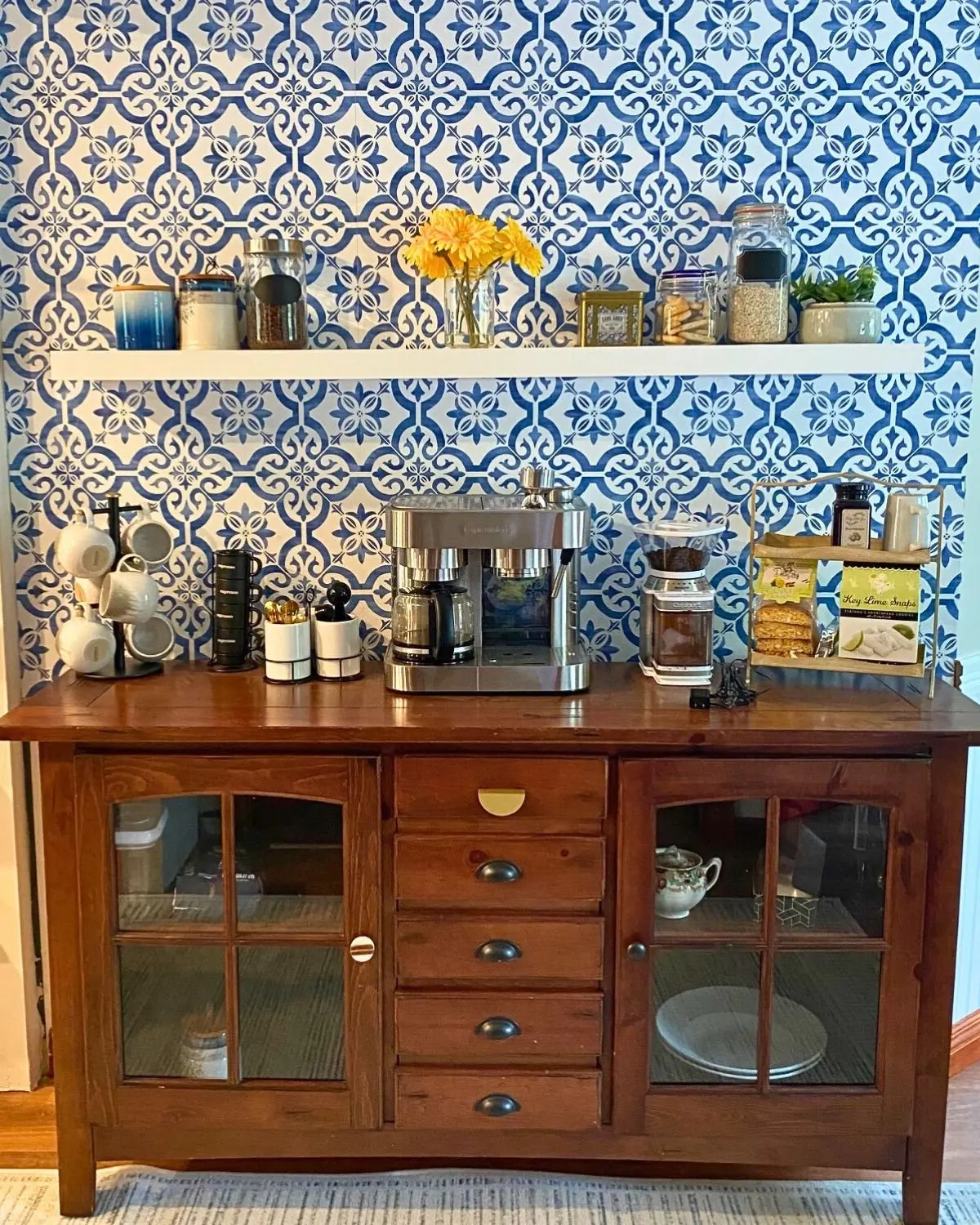 blue and white feature wall coffee bar