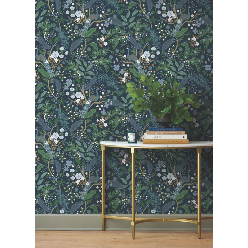 rifle paper co. removable green and navy living room peel and stick wallpaper