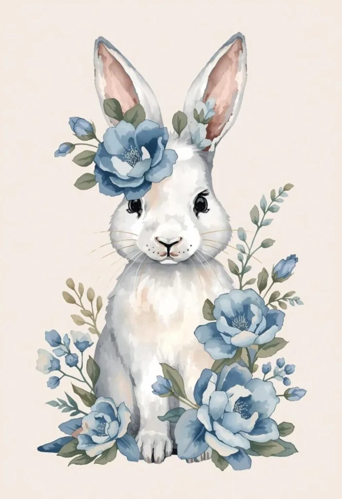 spring bunny with blue flowers
