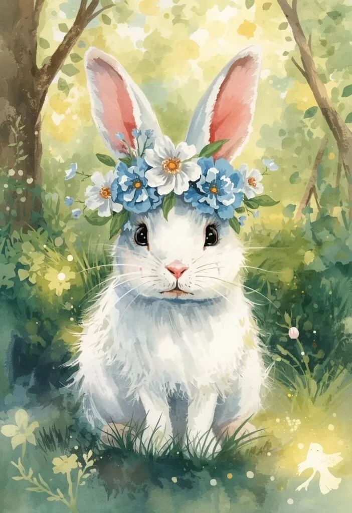 white bunny in field with blue flowers