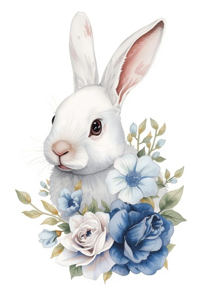 white bunny with blue and white flowers