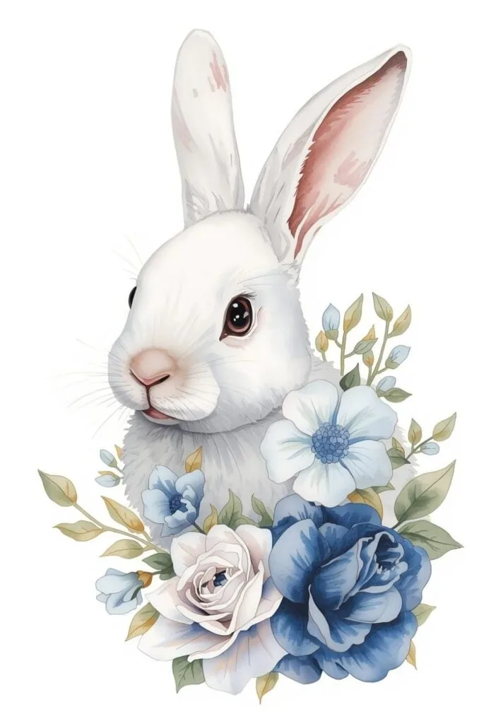 white bunny with blue and white flowers