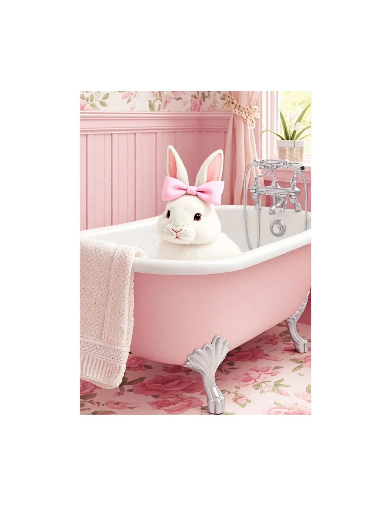 coquette bunny print in pink bathtub