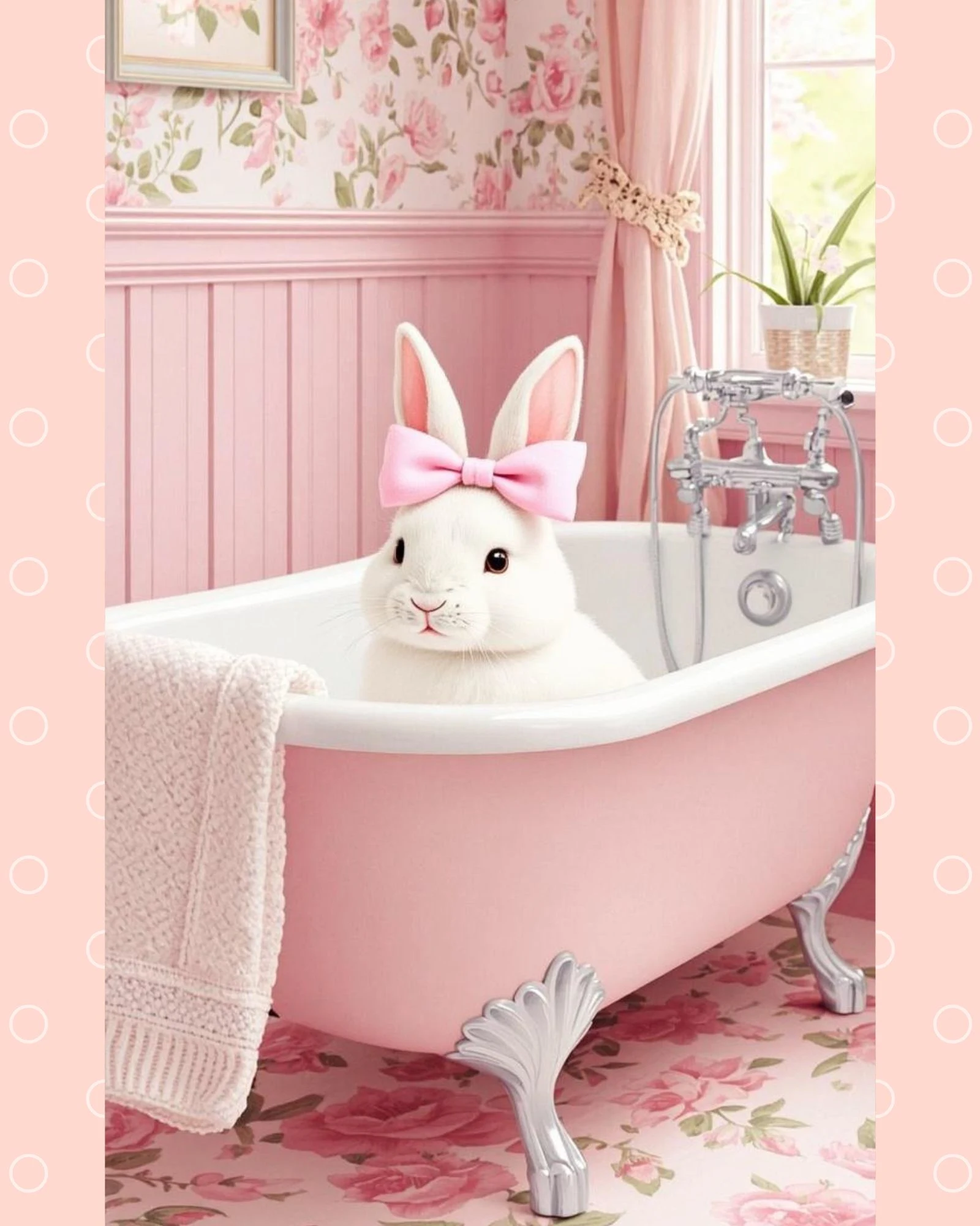 coquette bunny in pink bathtub wall art