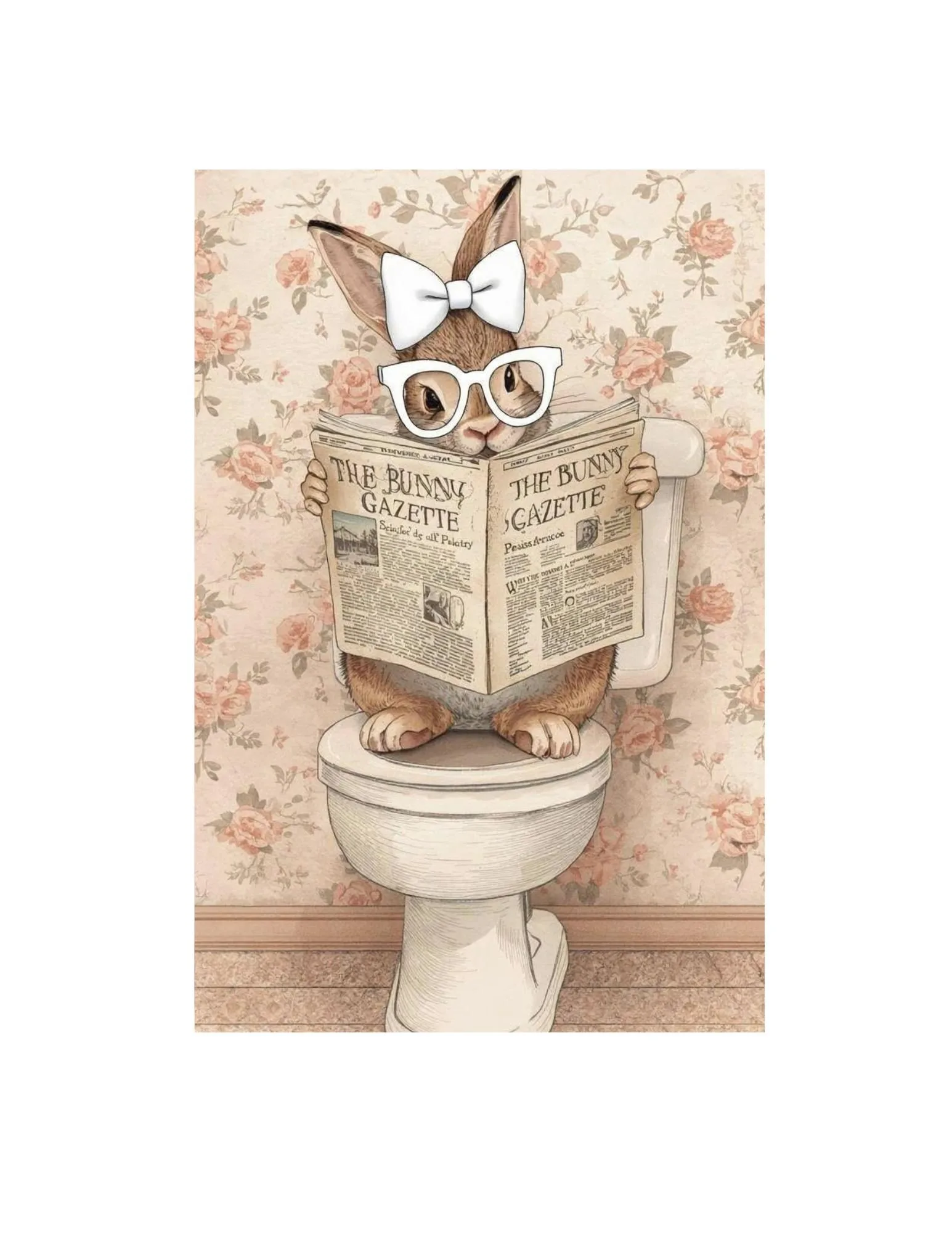 floral cottagecore bunny with glasses on toilet 