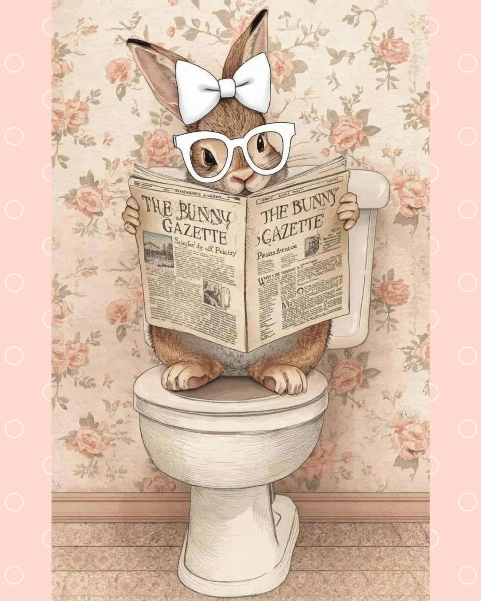cottagecore bunny on toilet bathroom wall art
