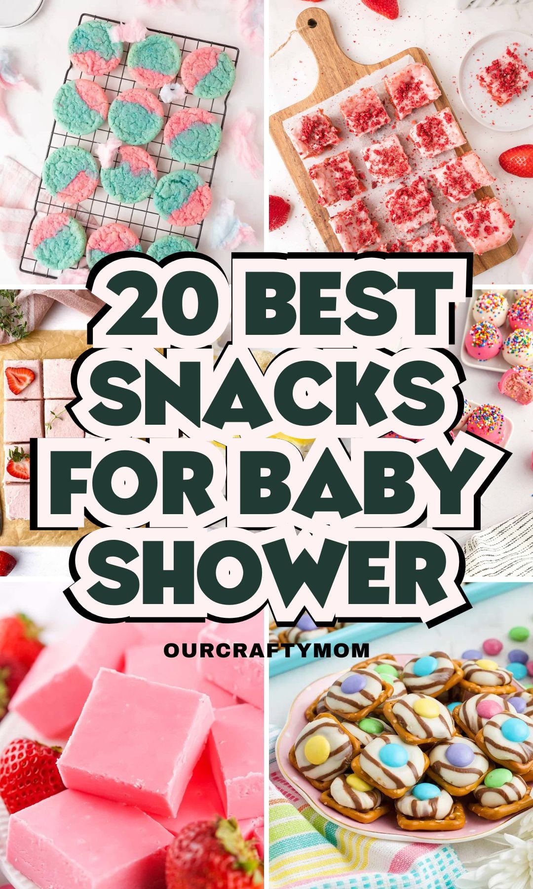 6 image collage baby shower snacks with text