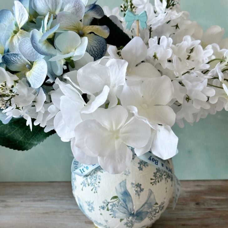 blue and white hydrangea baby shower centerpiece