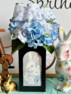 diy dollar tree lantern with bunny image and hydrangeas
