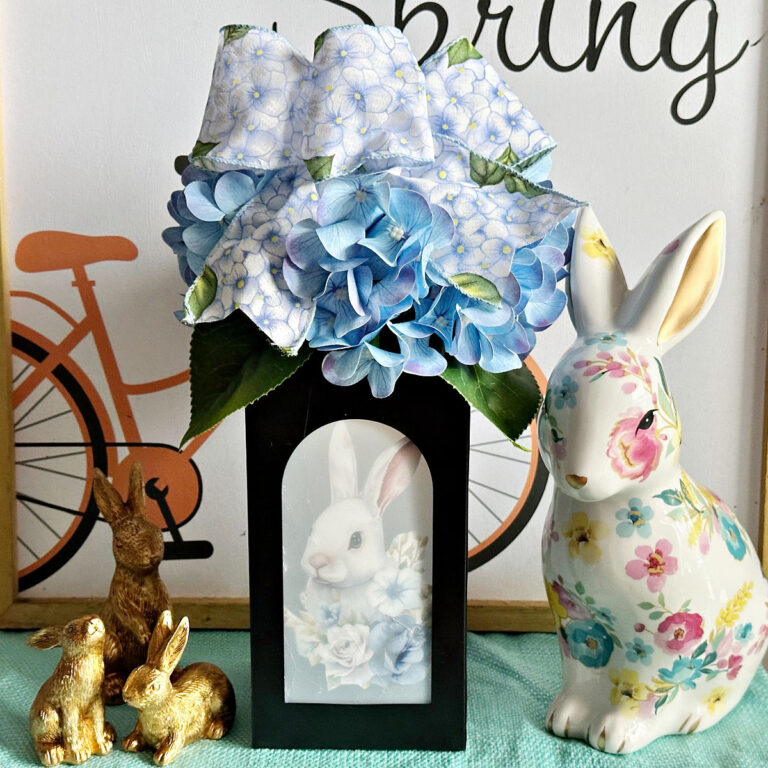 diy dollar tree lantern with bunny image and hydrangeas