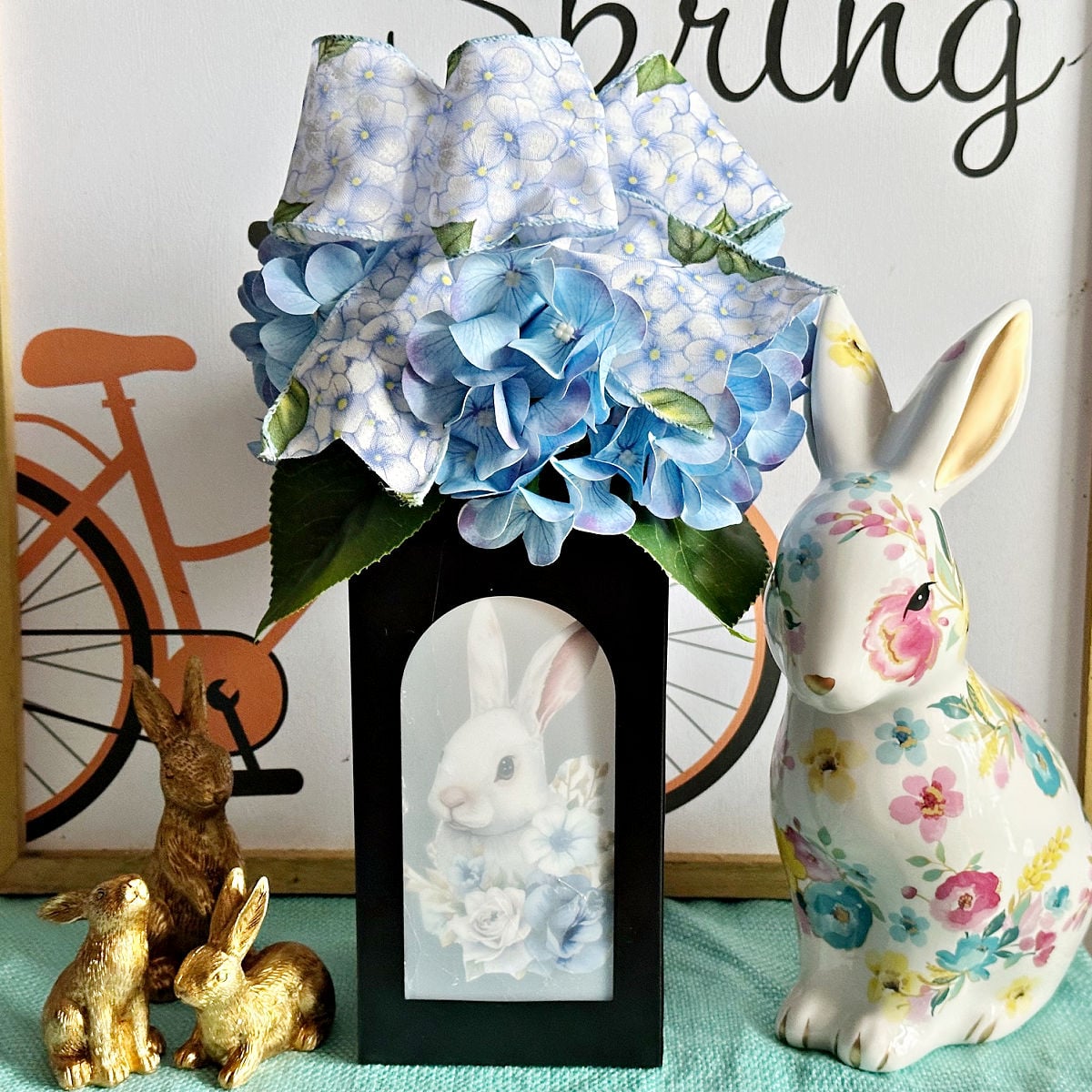 diy dollar tree lantern with hydrangeas and bunny image