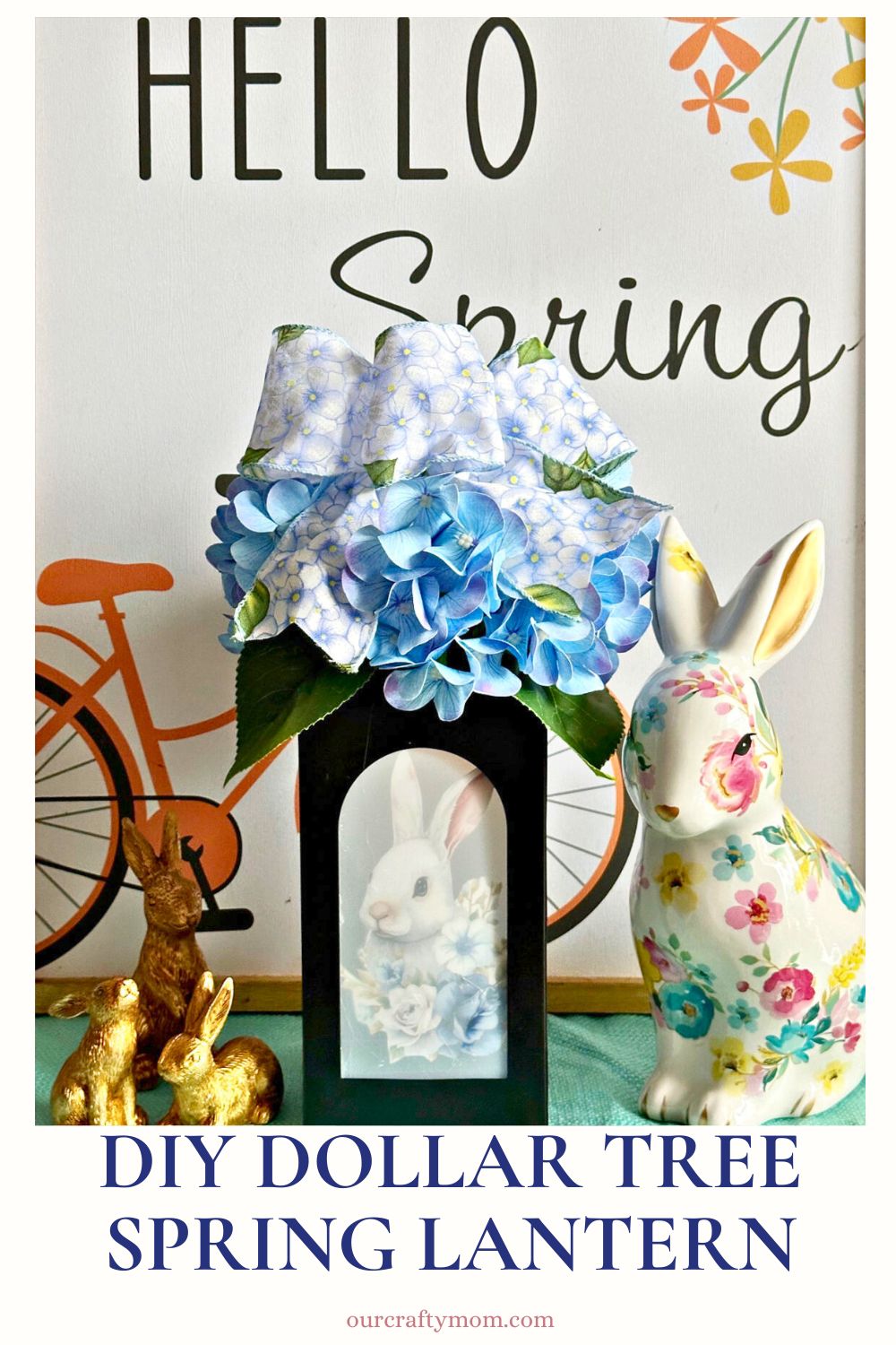 vertical image with diy dollar tree lantern with hydrangeas