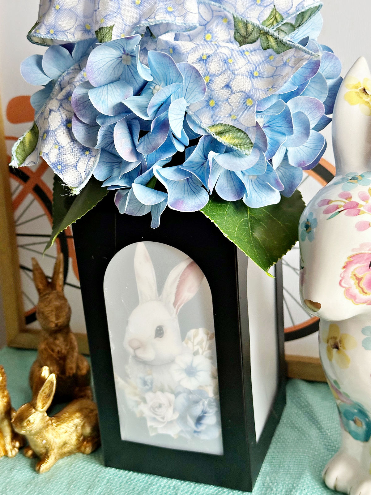 top view of hydrangeas on lantern