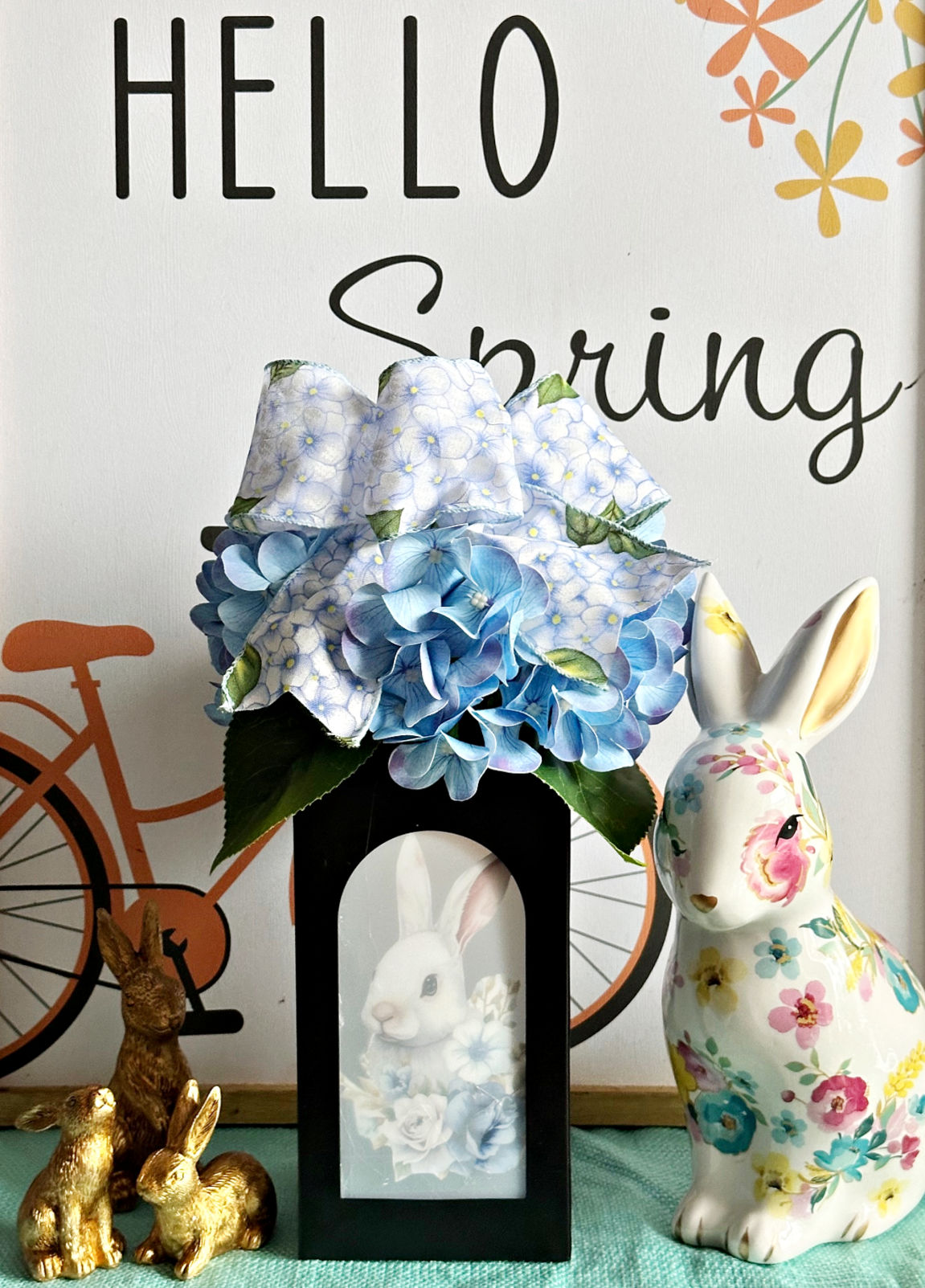 black metal dollar tree lantern with decoupage spring bunny