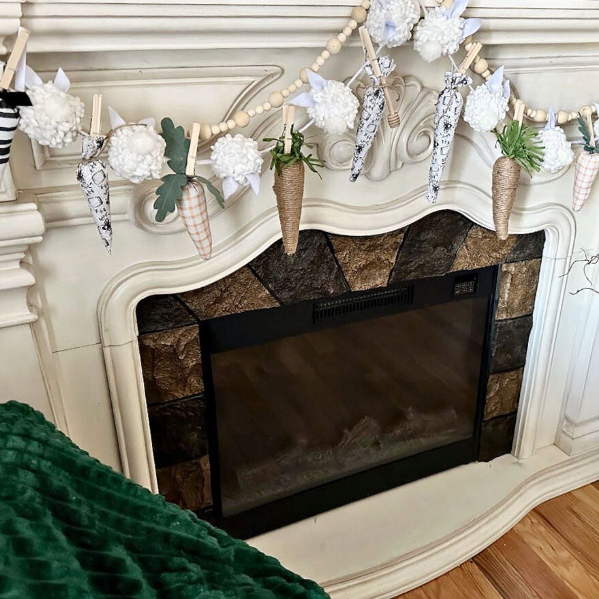 DIY Fabric Carrots and Pom Pom Bunny Garland on mantel