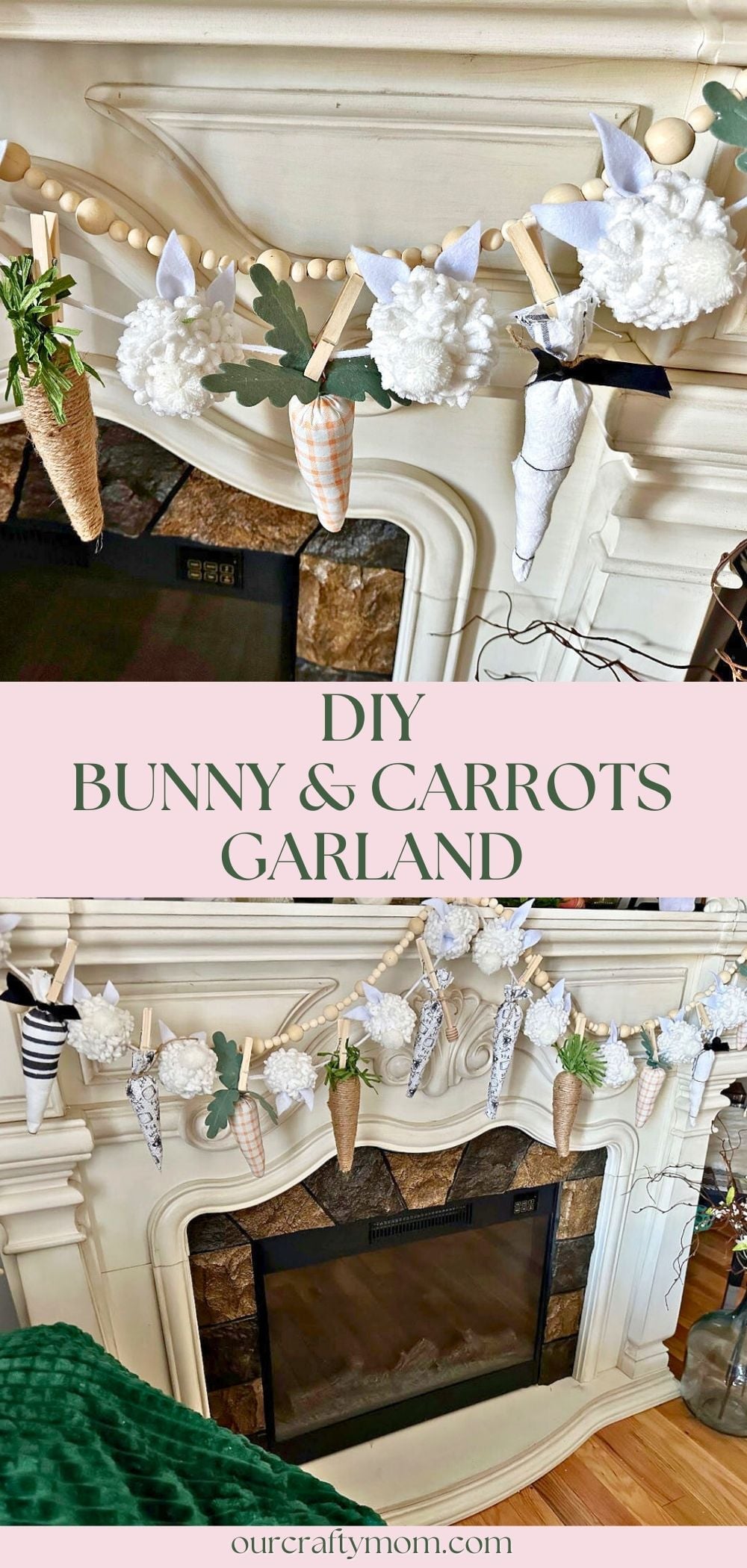 DIY Fabric Carrots and Pom Pom Bunny Garland pin collage with 2 images