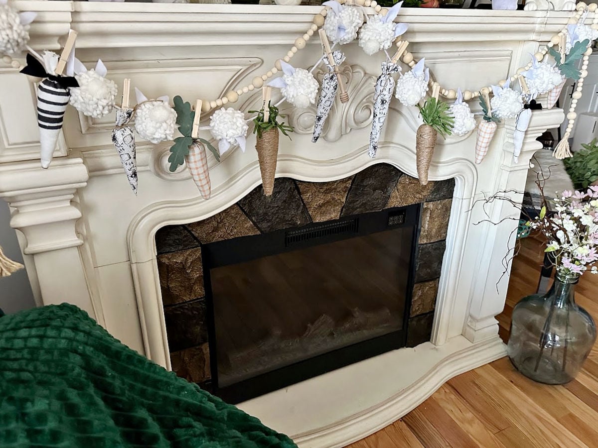 carrot and bunny garland on mantel
