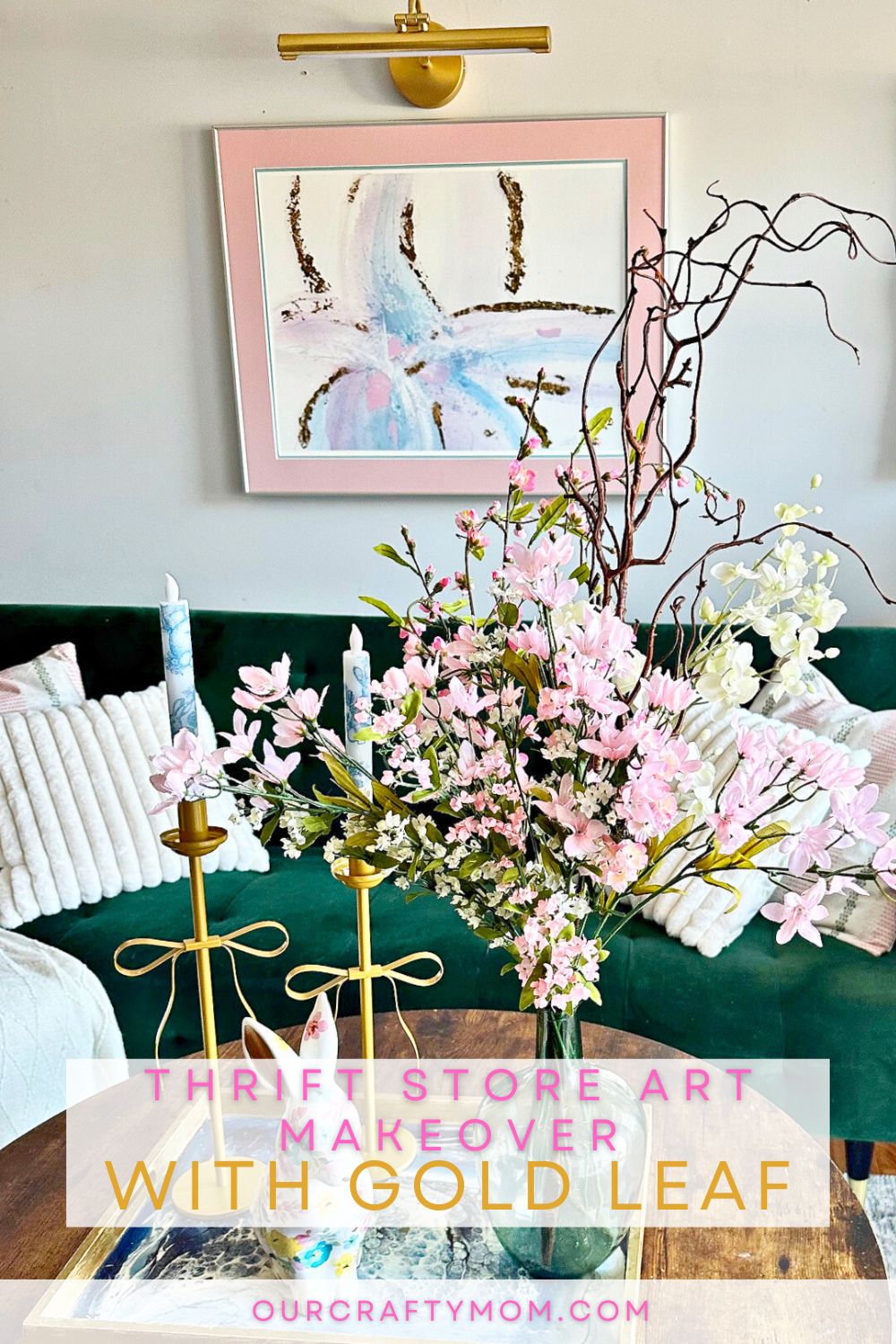 thrifted wall art with gold leaf