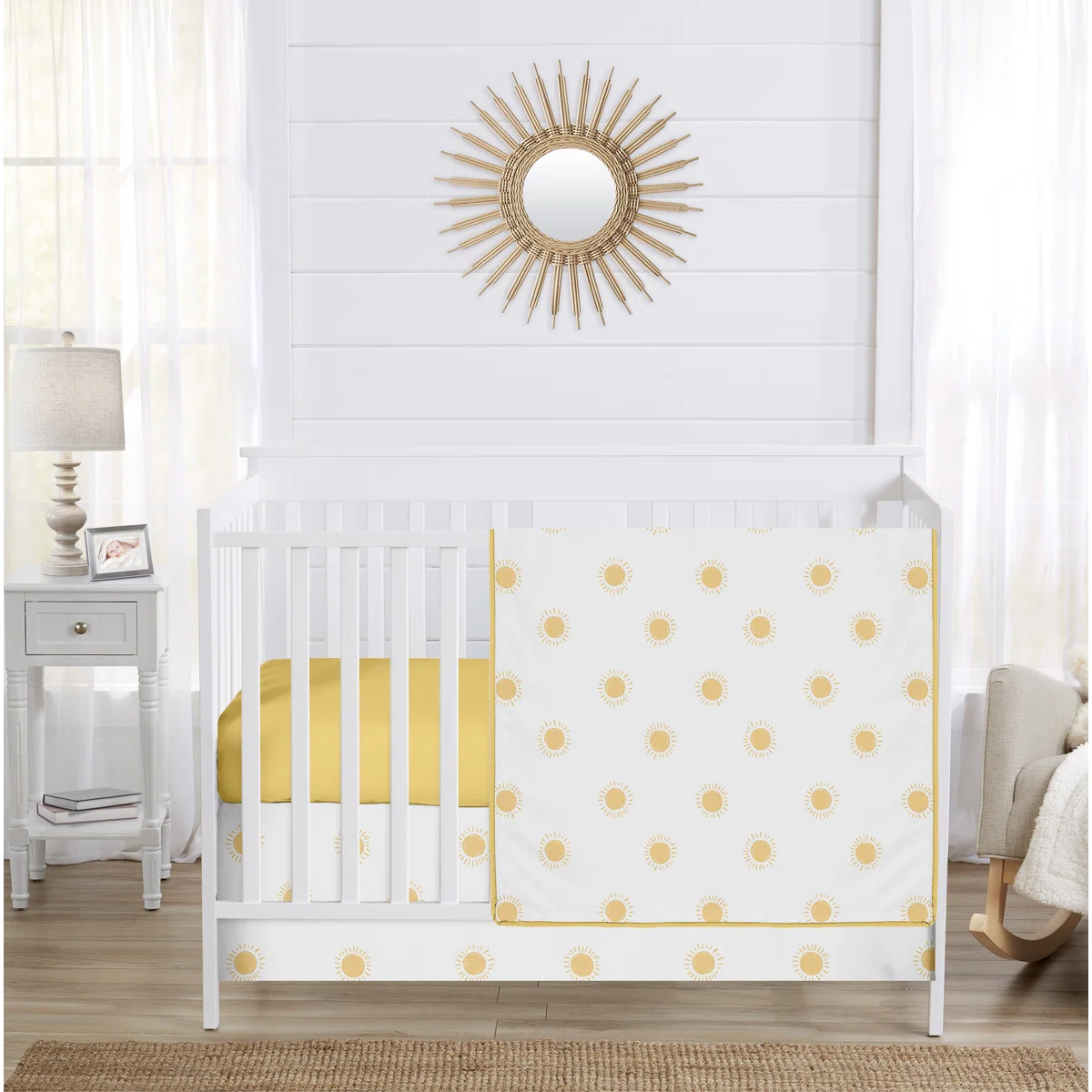 white and yellow sun crib bedding