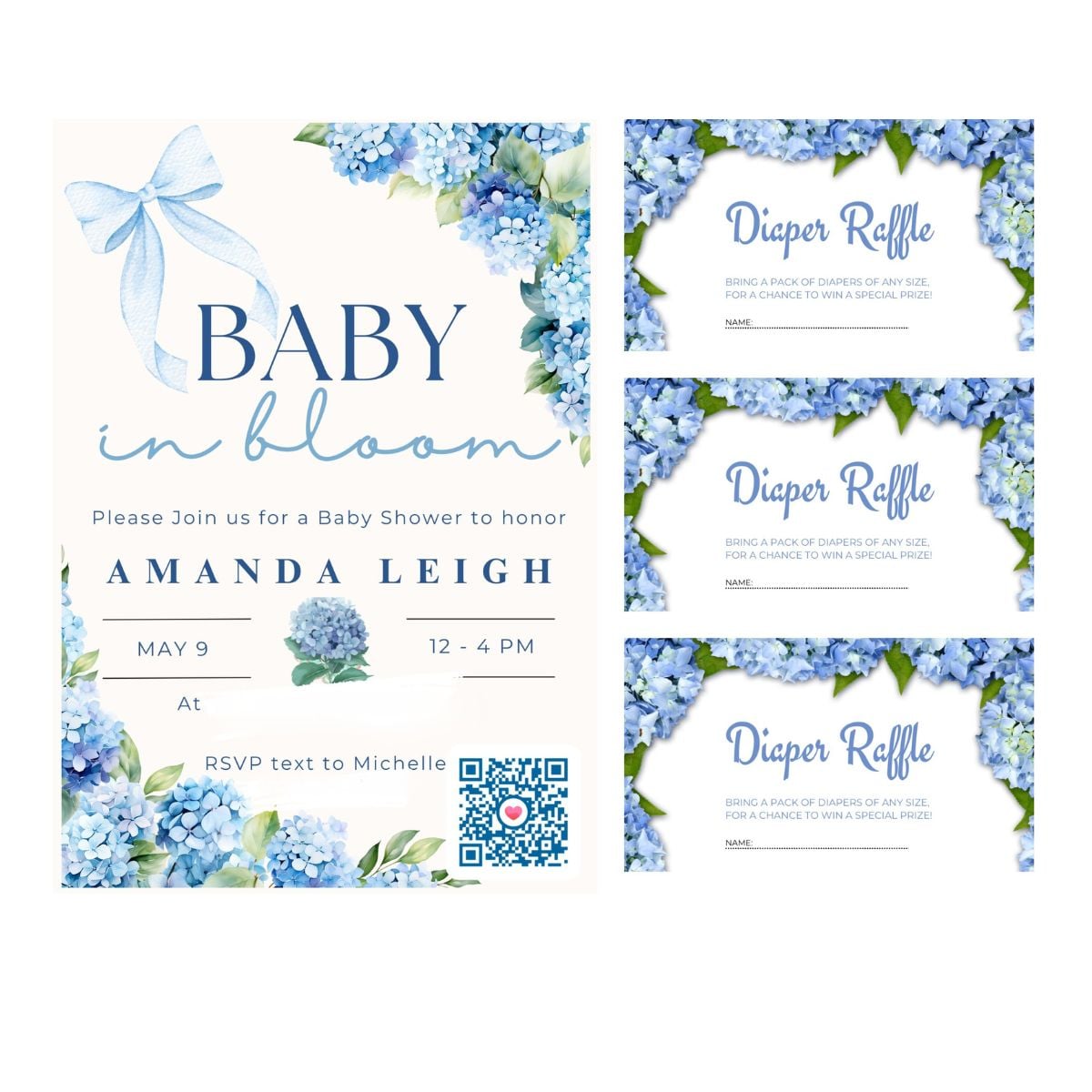 collage with baby in bloom invitation and diaper raffle template