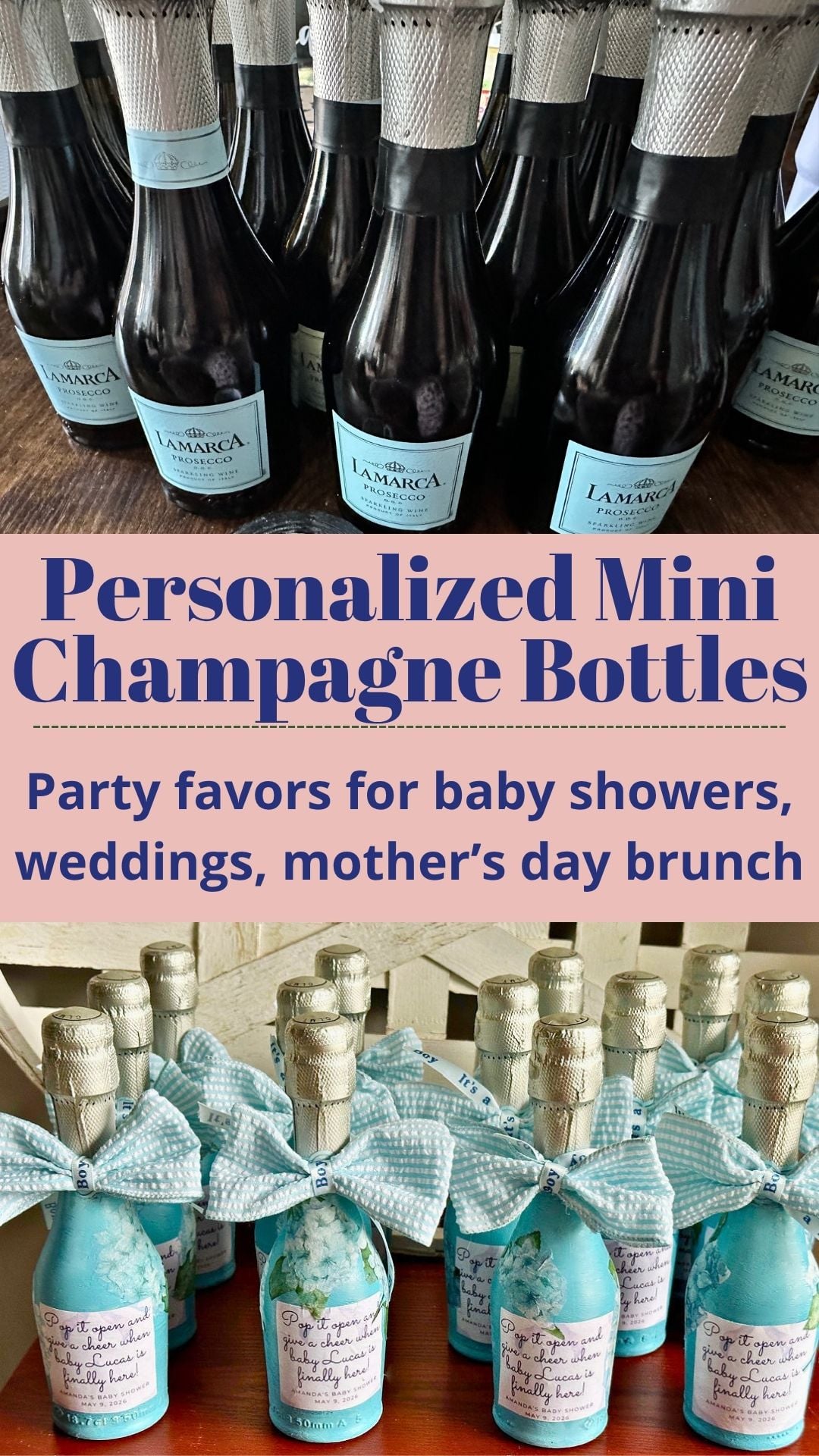 before and after Lamarca prosecco bottles decorated for baby shower favors