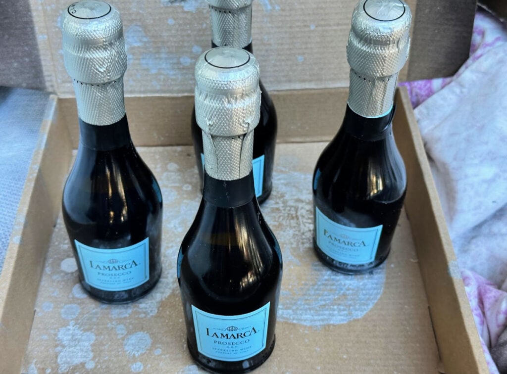 mini champagne bottles on cardboard for spray painting