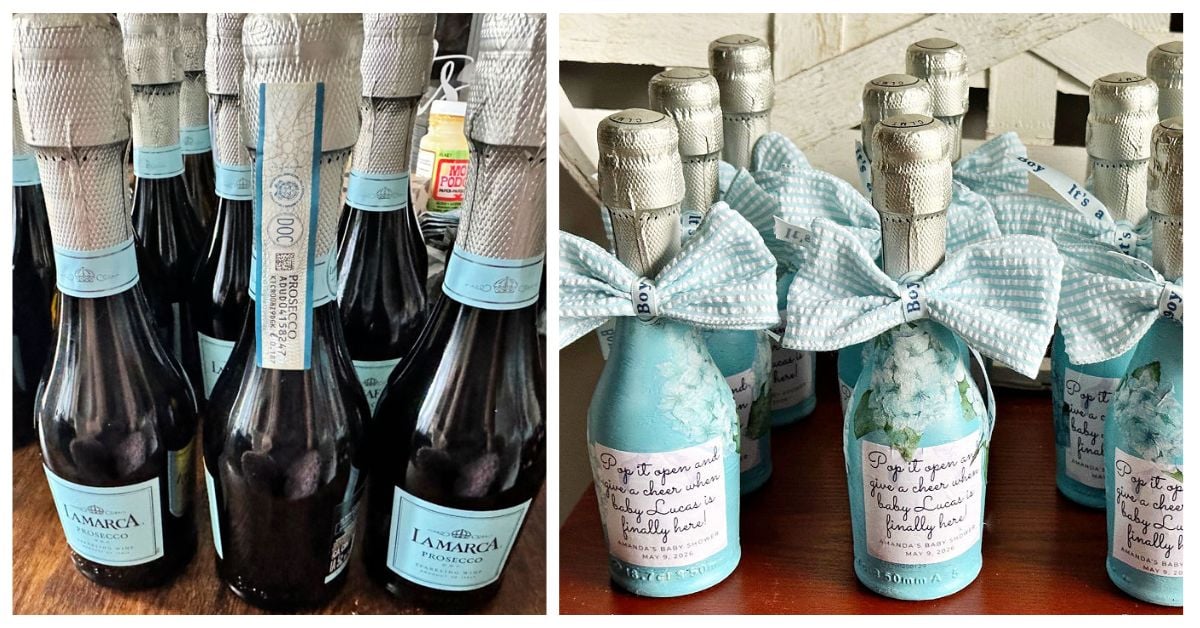 before and after mini champage bottles painted blue