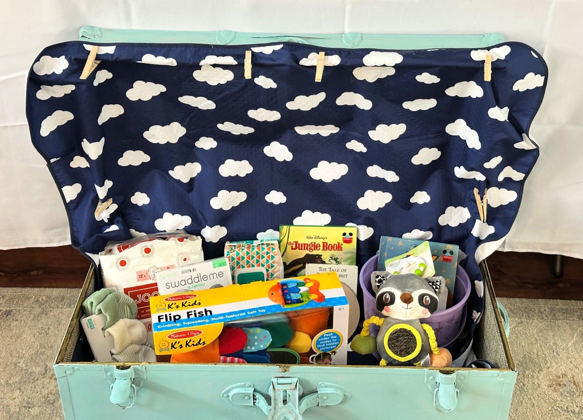 center view of steamer trunk at baby shower