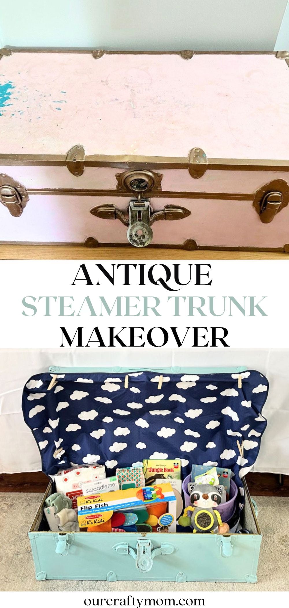 before and after Antique Steamer Trunk Makeover