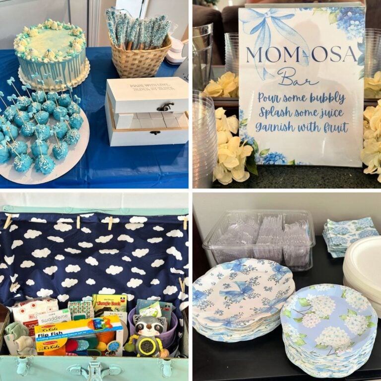 collage with 4 images with baby shower ideas