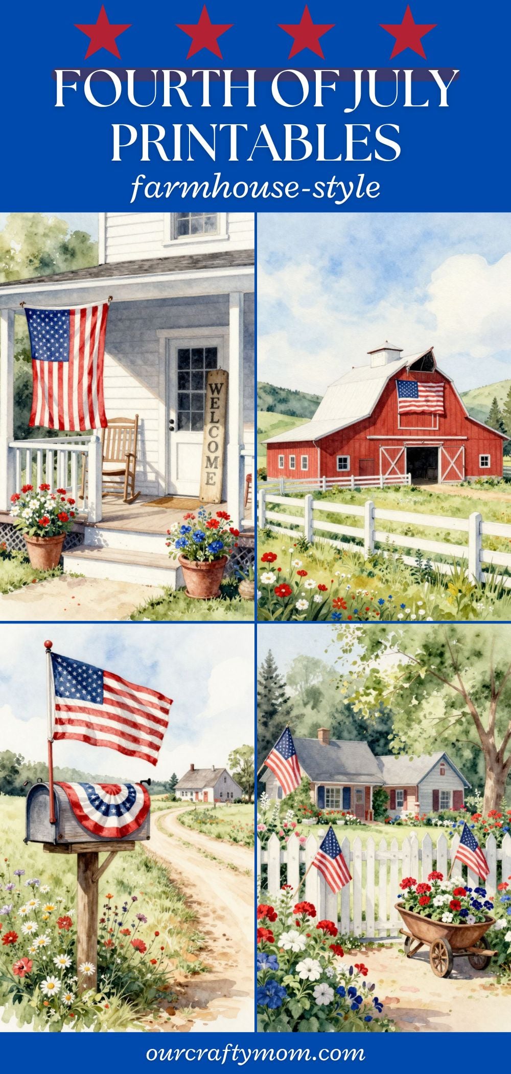 4 image collage with patriotic printables