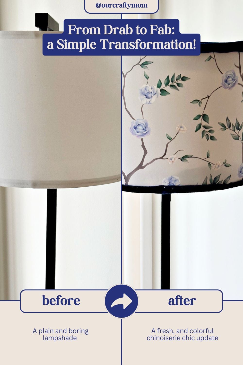 before and after lampshade makeover with peel and stick wallpaper