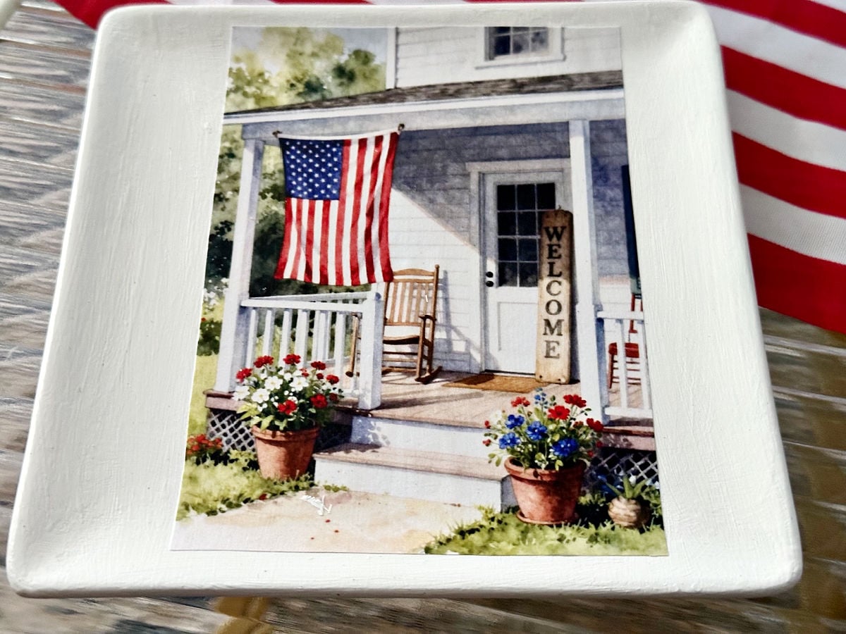 close up of patriotic dollar tree craft using ceramic plates