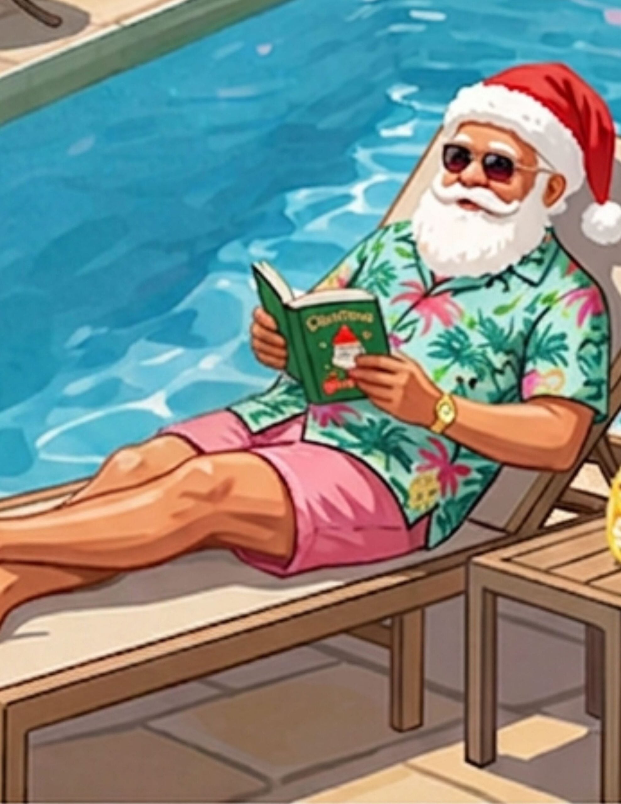 summer santa reading by the pool