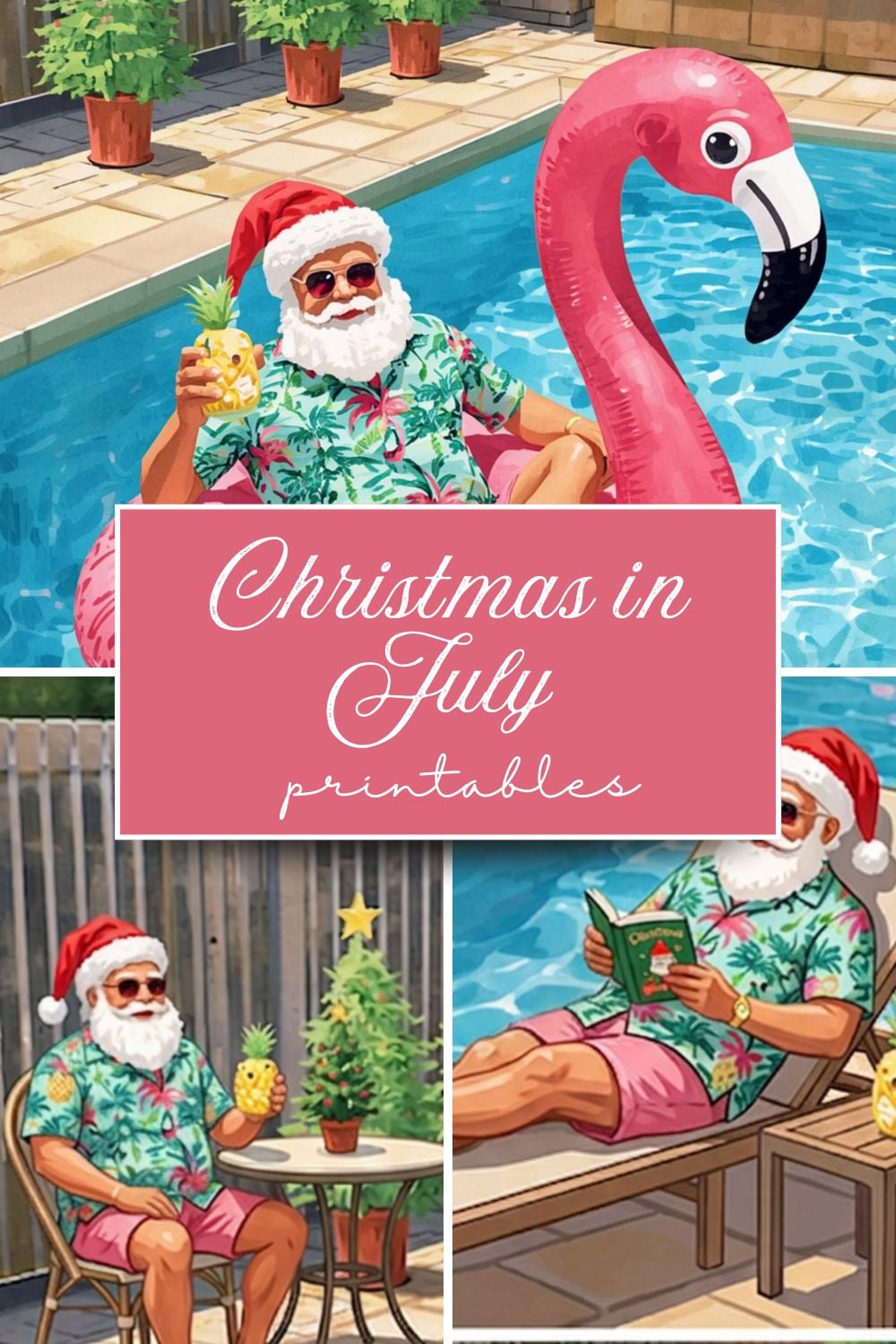 3 image collage summer Santa Christmas in July printables
