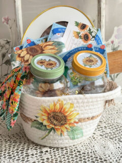 dollar tree rope basket with a decoupaged sunflower and gift basket