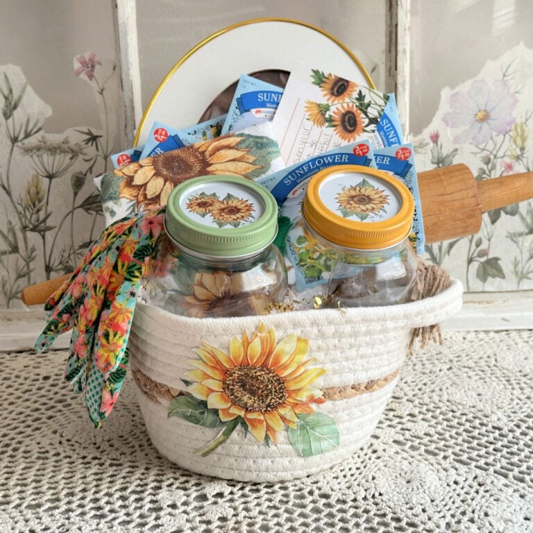 dollar tree rope basket with a decoupaged sunflower and gift basket