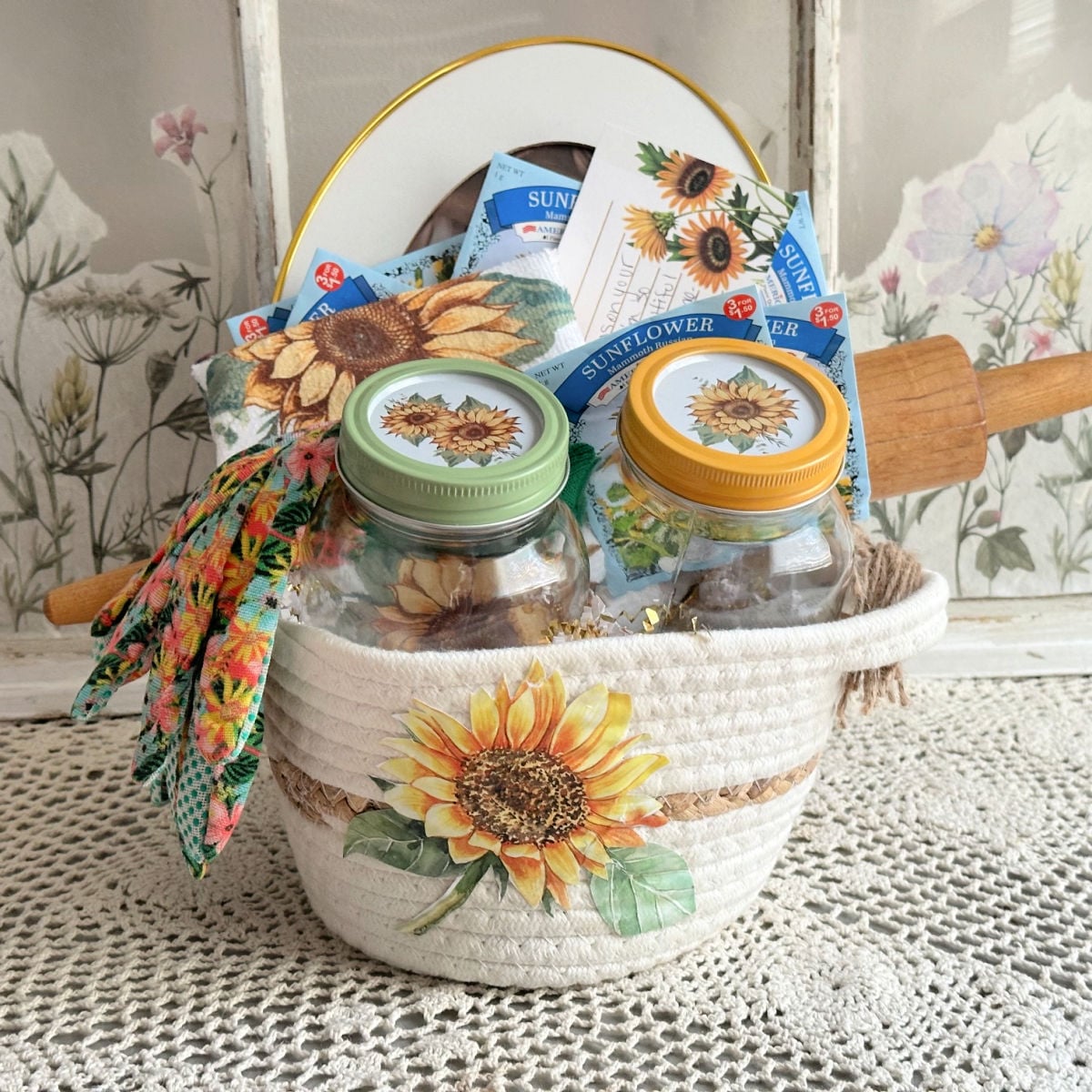 dollar tree rope basket with a decoupaged sunflower and gift basket