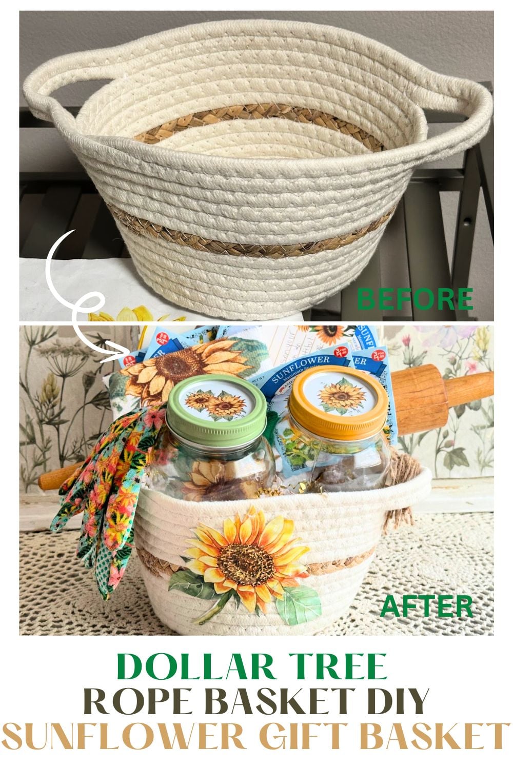 Dollar tree rope basket makeover with sunflower theme
