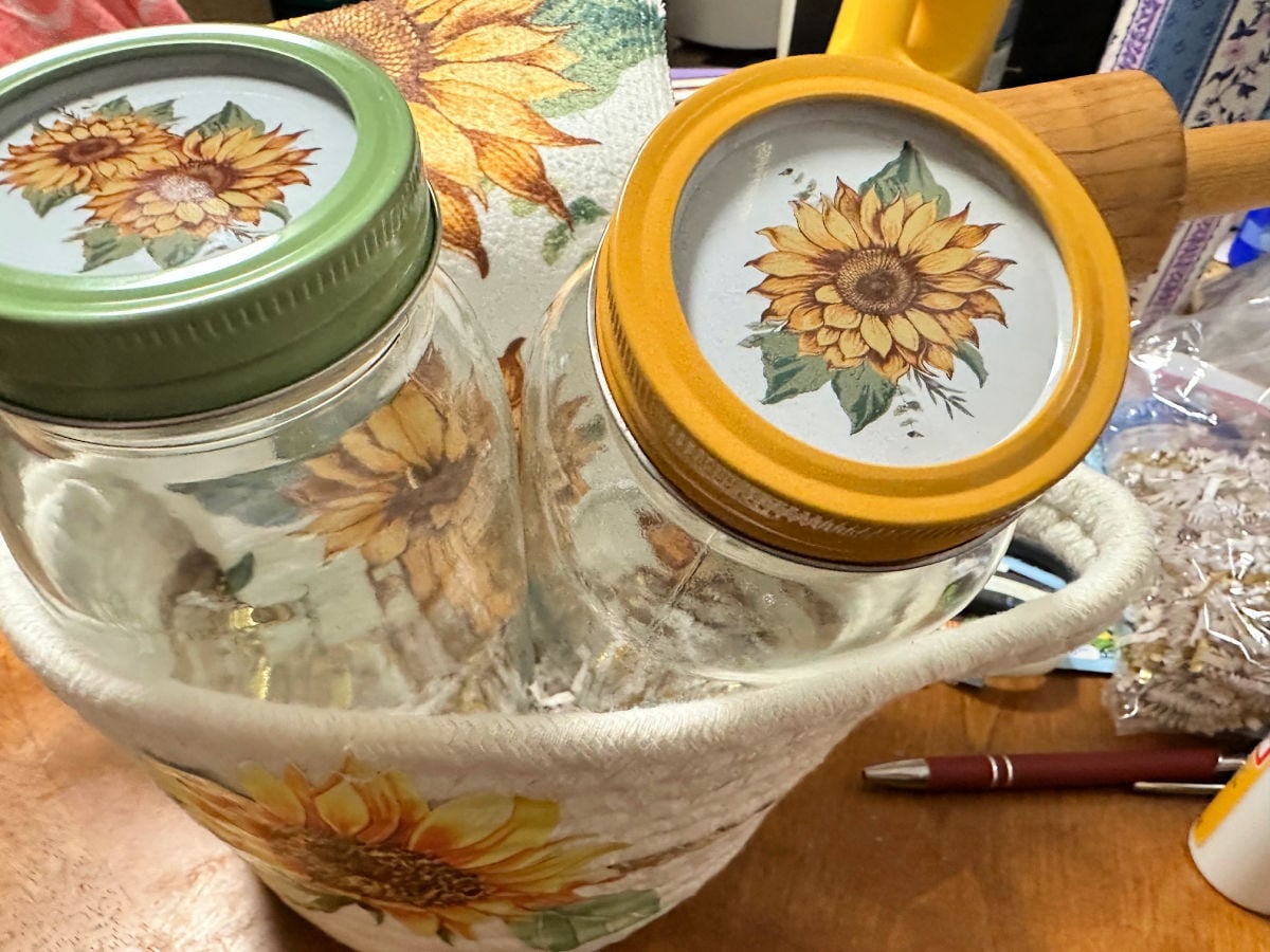2 mason jars with sunflower lids