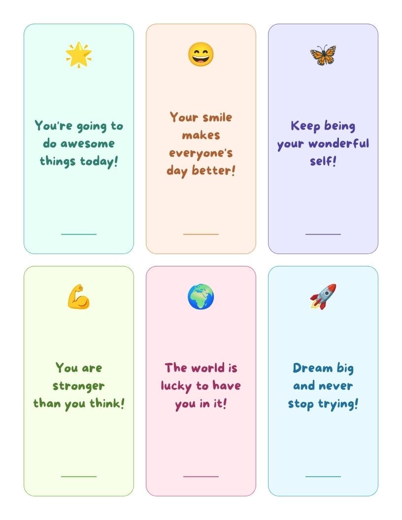 Six note cards in the same playful rounded font with emoji icons (star, butterfly, rocket) and motivating messages