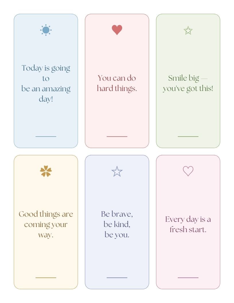 Six pastel note cards in a 3x2 grid with general encouraging messages like "You can do hard things" and "Be brave, be kind, be you."