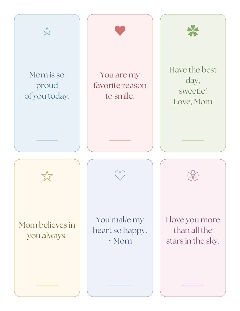 A printable sheet of six pastel lunch box note cards arranged in a 3x2 grid, each with a small decorative symbol and a loving message from mom in italic serif font.