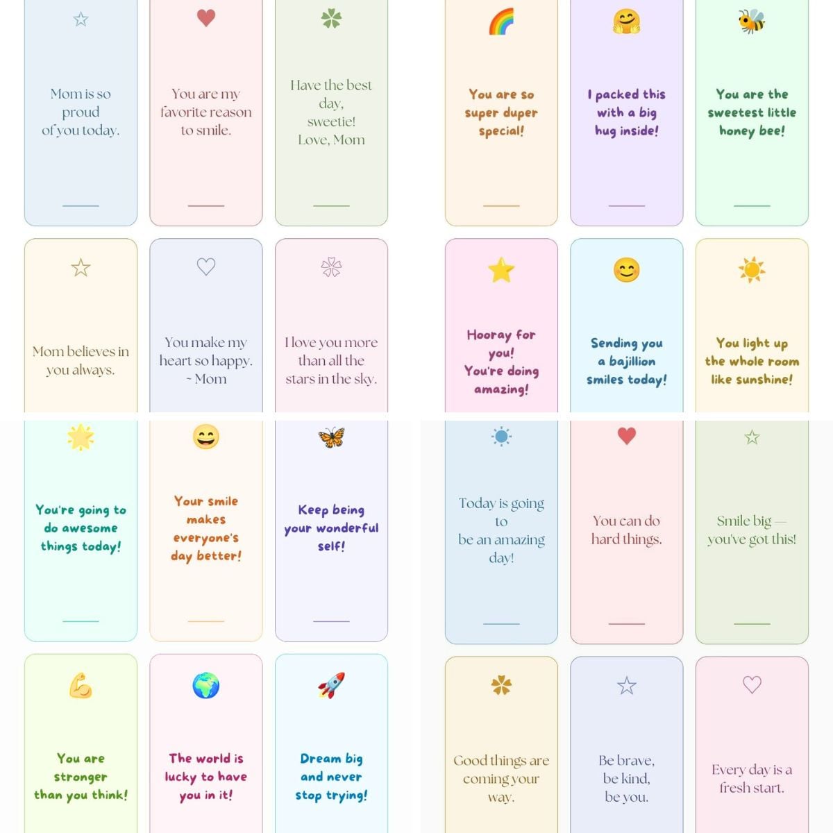 24 printable lunch box notes for kids with text