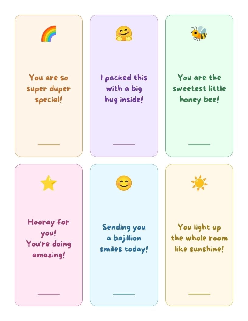 Six colorful note cards for younger kids with emoji icons (rainbow, bee, sunshine) and playful messages in a rounded bubbly font.