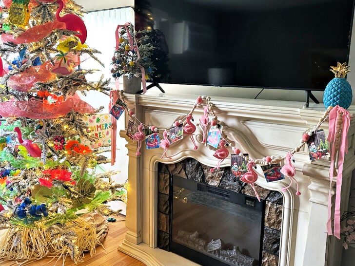 christmas in july summer tree and mantel with pink flamingos