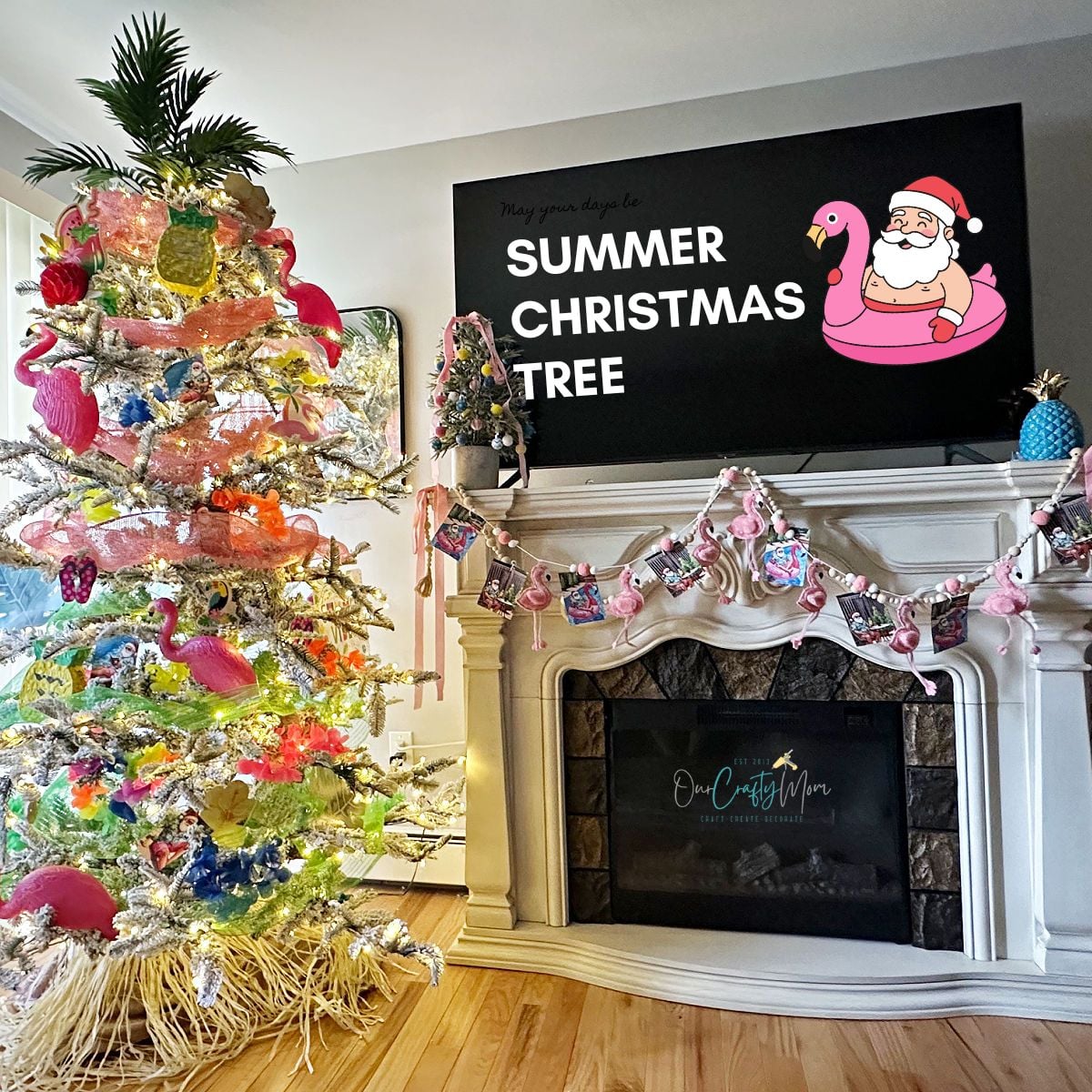 summer christmas tree with pink flamingos and free santa printables