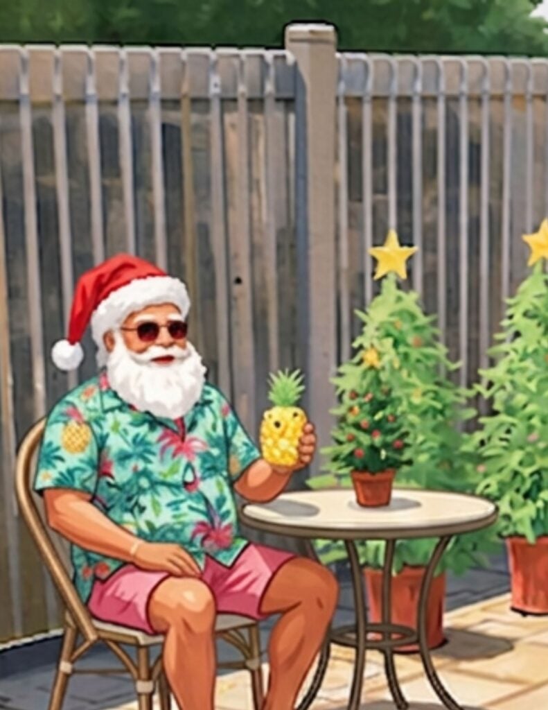 Christmas in July Printable with santa sitting at a table with a pineapple drink